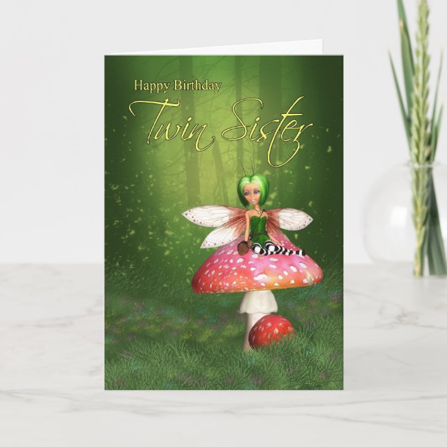 Twin Sister Fairy Birthday Card - Woodland Fairy H Kort (Framsida)