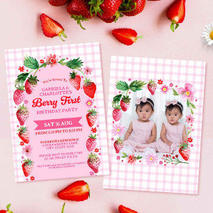 Twin Sisters Joint Berry First Birthday Photo Inbjudningar