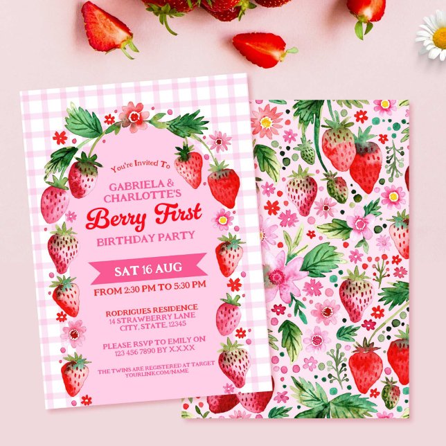 Twin Sisters Joint Strawberr Berry Första födelsed Inbjudningar (Twin Sisters Joint Strawberr Berry First Birthday Invitation)