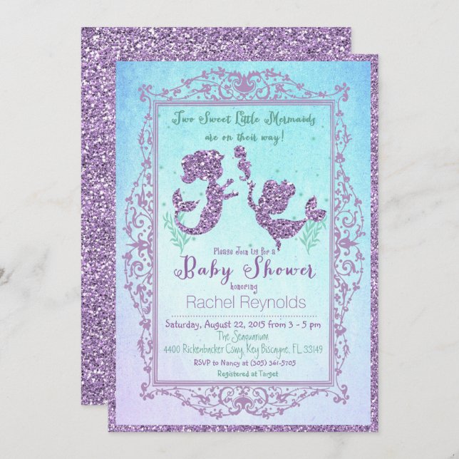 TWIN-Sjöjungfru under Sea Baby Shower-inbjudan Inbjudningar (Fram/baksida)