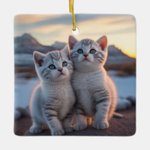 Twin Snowy Mountain Winter Kittens Julgransprydnad Keramik