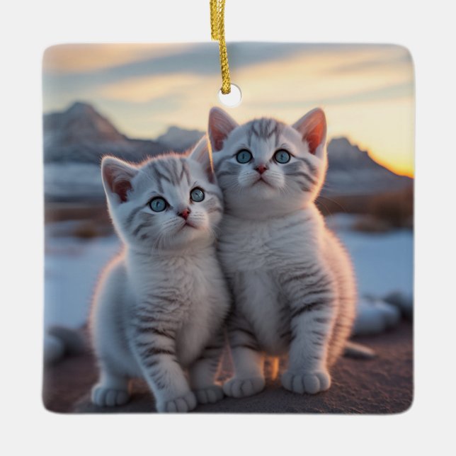 Twin Snowy Mountain Winter Kittens Julgransprydnad Keramik (Framsida)