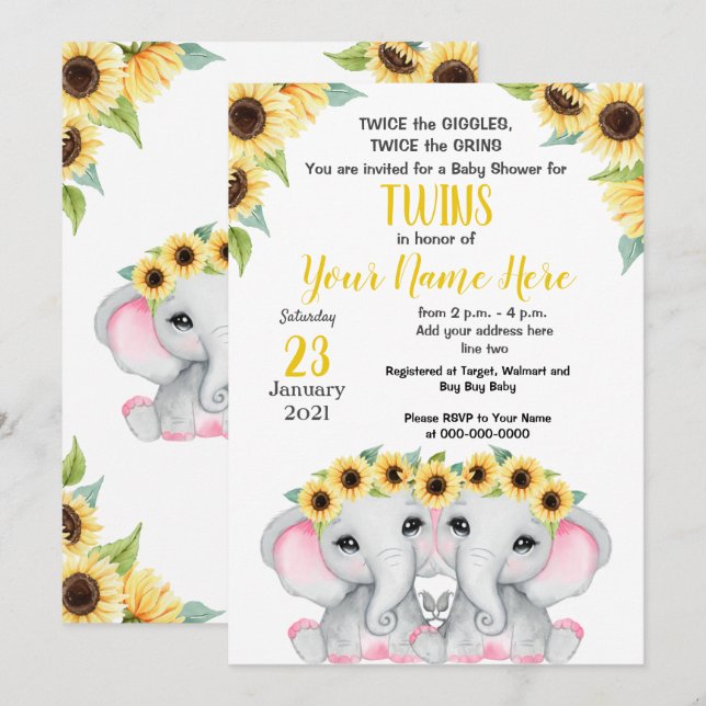 TWIN Solros Girls Elephant Gult Rosa Shower Inbjudningar (Fram/baksida)