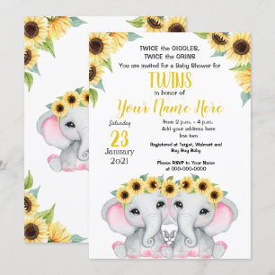 TWIN Solros Girls Elephant Gult Rosa Shower Inbjudningar