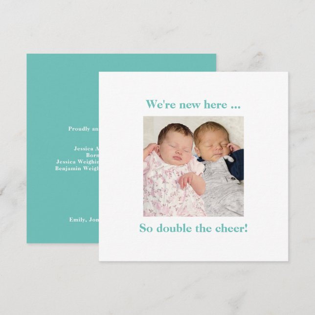 Twin Spädbarn Teal Photo Contemporary Birth Announ (Fram/baksida)
