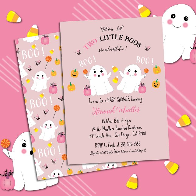 Twin Spöken Halloween Baby Shower Rosa-inbjudan Inbjudningar (Adorable Twin Girls Baby Shower Invitation with a Halloween Theme .)