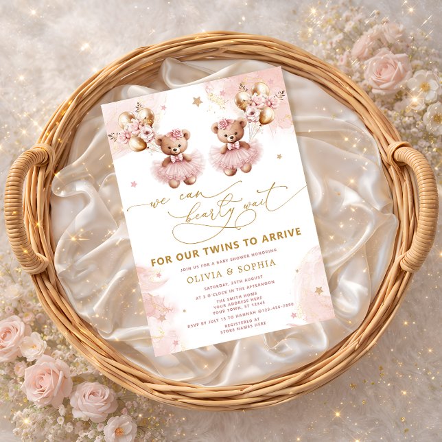 Twin Teddy Bear We Can Bearly Wait Baby Shower Inbjudningar (Skapare uppladdad)