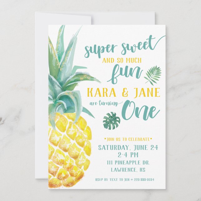 TWIN Toppen Sweet Pineapple Första födelsedag Inbjudningar (Framsida)