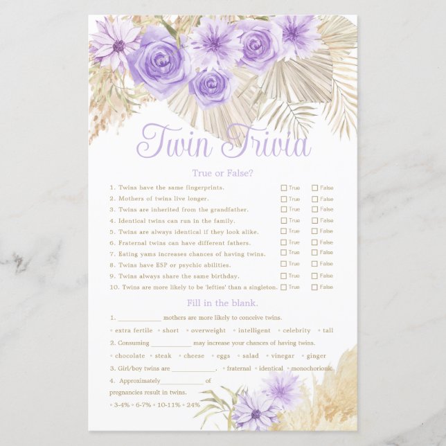 Twin Trivia Game Pampas Lavender Boho Baby Shower (Framsida)