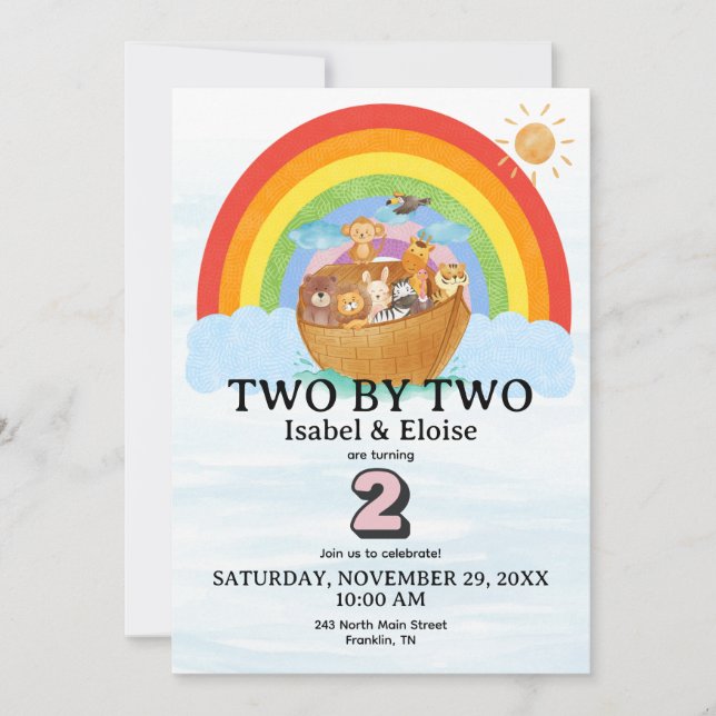 TWIN Two by Two Noah's Ark Girl Birthday Invite (Framsida)