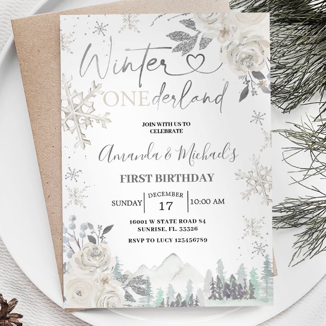 Twin Winter Onederland Snowflake White Birthday Inbjudningar (Skapare uppladdad)