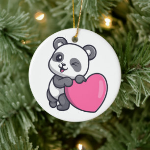 Twinkande Panda Med Rosa Hjärta Julgransprydnad Keramik