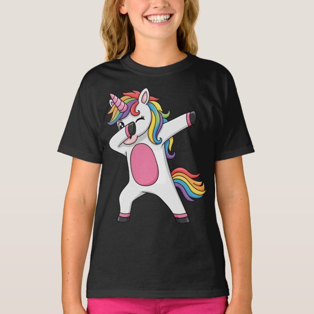 Twinkande regnbåge dabbing enhörning t shirt (Framsida)