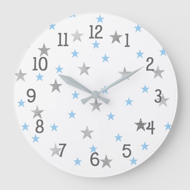 Twinkle Baby Nursery Decor, blå silver-stjärnor Stor Klocka (Framsida)