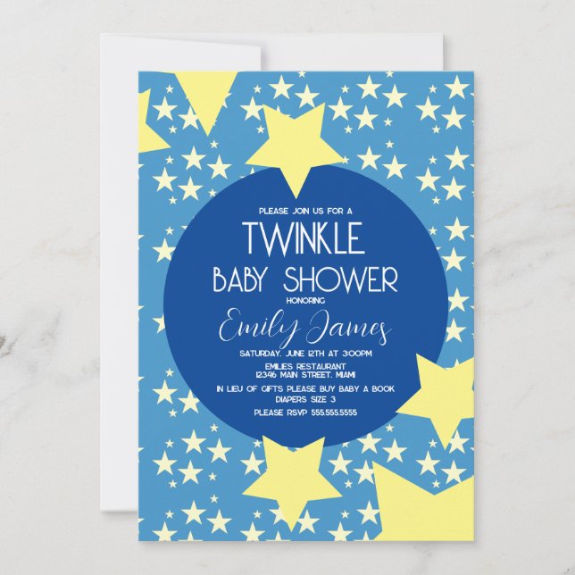Twinkle Baby Shower Gul Stjärna Blå Bakgrund Inbjudningar (Framsida)