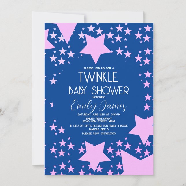 Twinkle Baby Shower Rosa Stjärnor Blå Bakgrund Inbjudningar (Framsida)