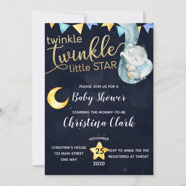 Twinkle Elephant Måne & Stars Baby Shower Inbjudningar (Framsida)