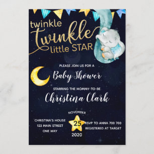 Twinkle Elephant Måne & Stars Baby Shower Inbjudningar
