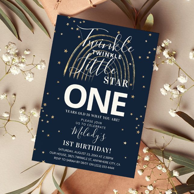 Twinkle Guld Star & Rainbow 1st Birthday Party Inbjudningar (Skapare uppladdad)