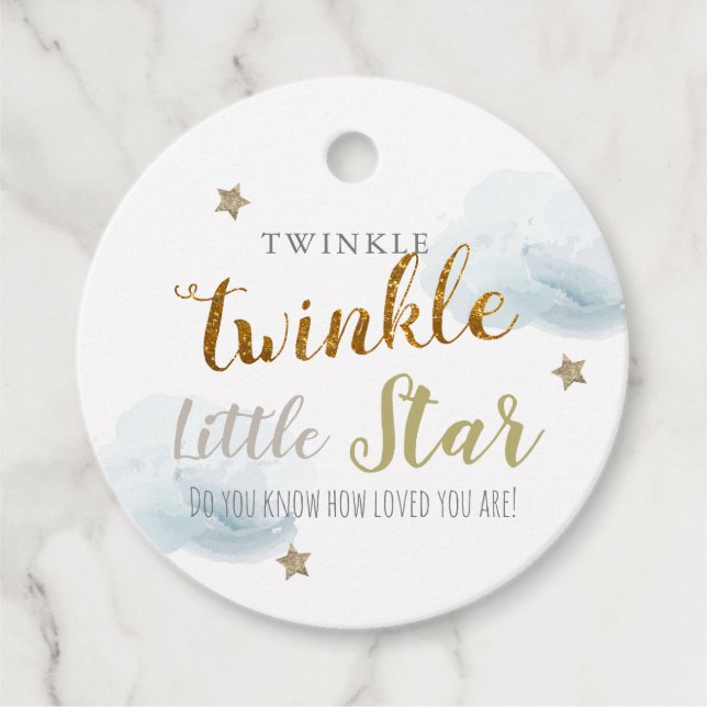 Twinkle Guld Stars & Blue Clouds Birthday Gåvor Etiketter (Framsida)