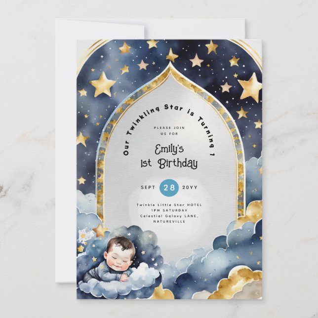 Twinkle Little Star 1:a BIRTHDAY, BABY SHOWER BOY Inbjudningar (Framsida)