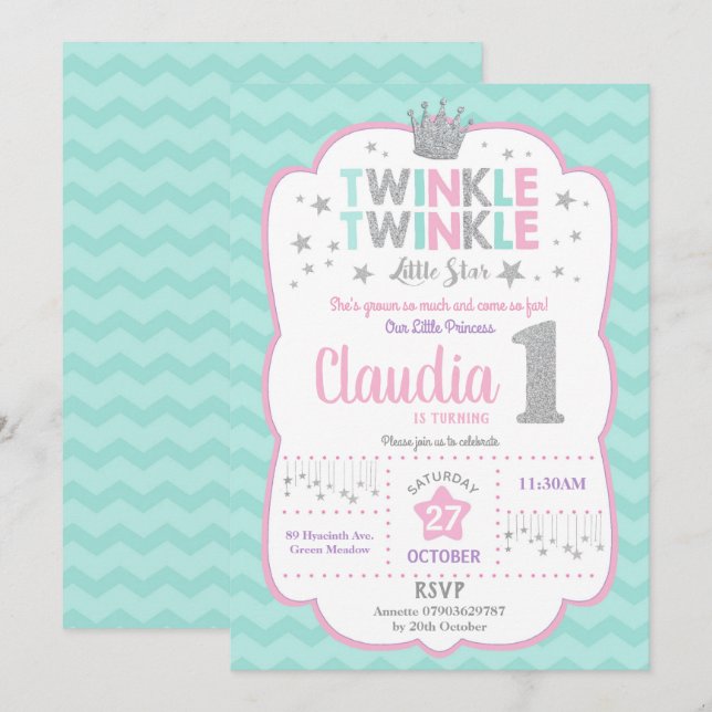 Twinkle Little Star 1:a Birthday Princess Inbjudningar (Fram/baksida)