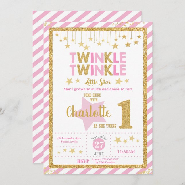 Twinkle Little Star 1:a födelsedagsinbjudan Flicka Inbjudningar (Fram/baksida)