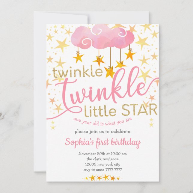 Twinkle Little Star 1 år Flicka födelsedagen Inbjudningar (Framsida)