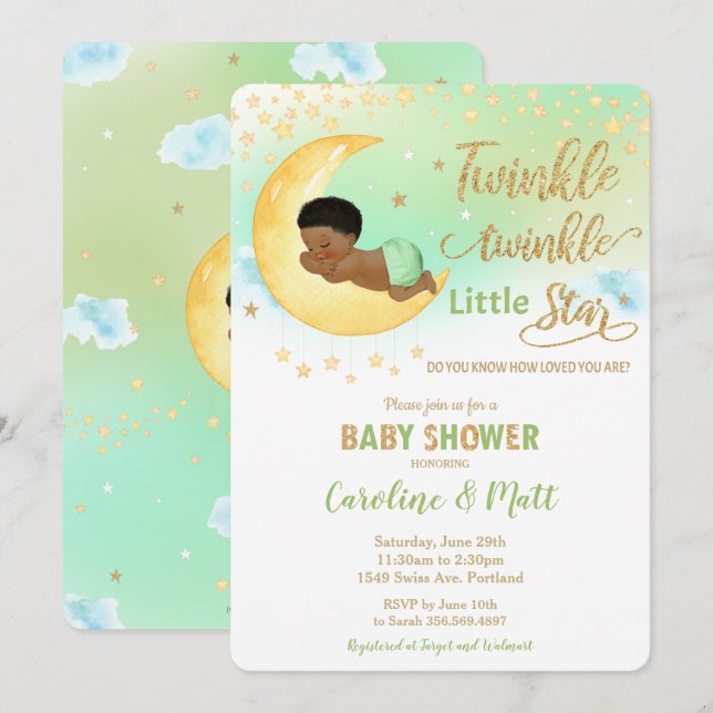Twinkle Little Star African Baby Shower Neutralt Inbjudningar (Fram/baksida)