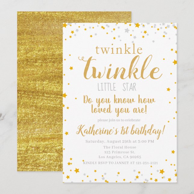 Twinkle Little Star Baby Guld Girls Birthday Inbjudningar (Fram/baksida)