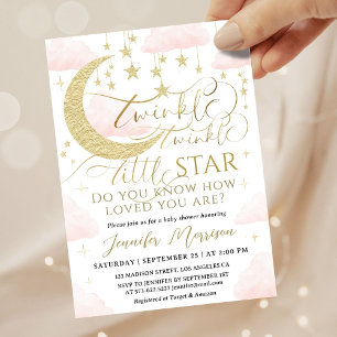 Twinkle Little Star Baby Shower Flicka Rosa Guld Inbjudningar