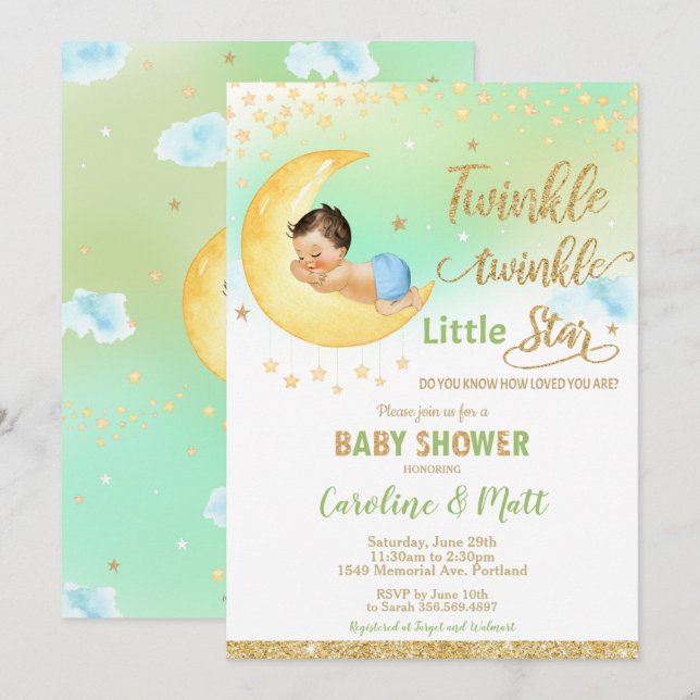 Twinkle Little Star Baby Shower Gender Neutral Inbjudningar (Fram/baksida)