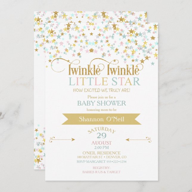 Twinkle Little Star Baby Shower Gender Neutral Inbjudningar (Fram/baksida)