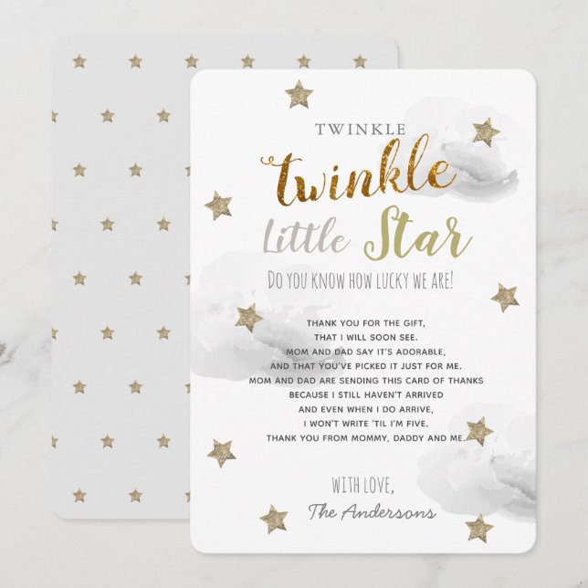 Twinkle Little Star Baby Shower Grått Tack Inbjudningar (Fram/baksida)