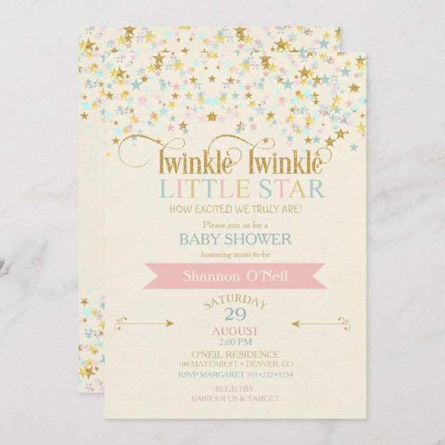 Twinkle Little Star Baby Shower Guld Aqua Rosa Inbjudningar (Fram/baksida)