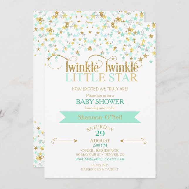 Twinkle Little Star Baby Shower Guld & Mint Inbjudningar (Fram/baksida)