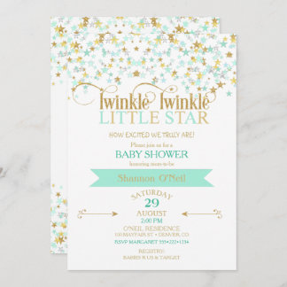 Twinkle Little Star Baby Shower Guld & Mint Inbjudningar