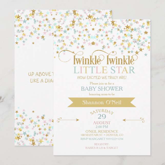Twinkle Little Star Baby Shower Könsneutral Inbjudningar (Fram/baksida)