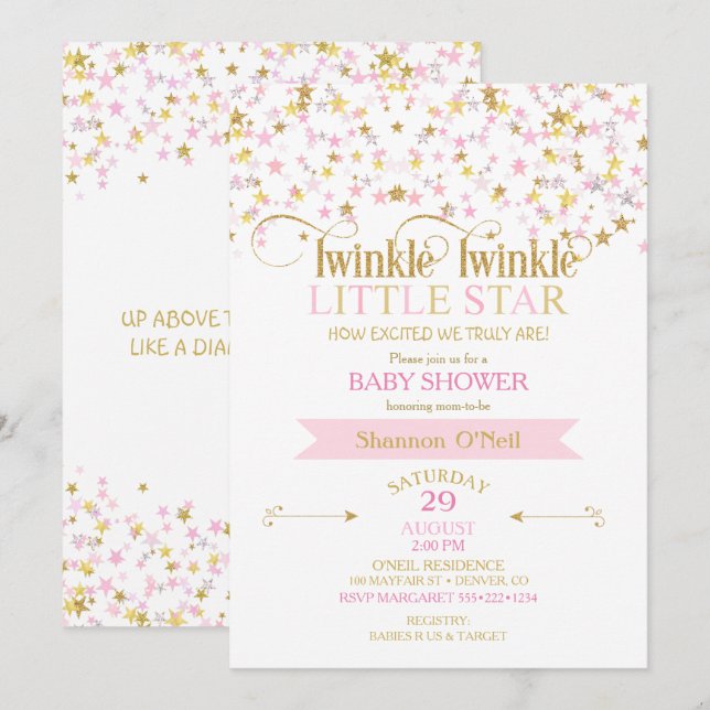 Twinkle Little Star Baby Shower Rosa Guld Inbjudningar (Fram/baksida)