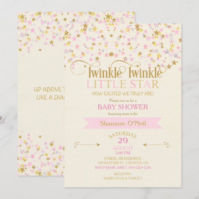 Twinkle Little Star Baby Shower Rosa Guld Kräm Inbjudningar (Fram/baksida)