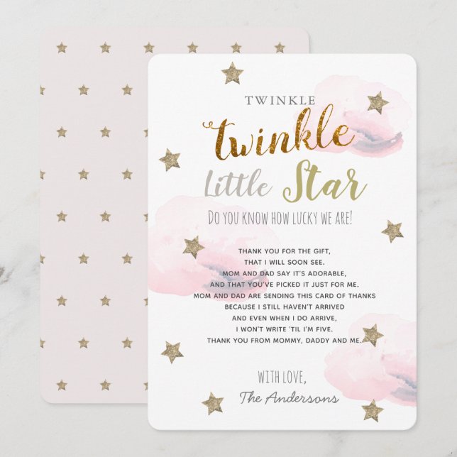 Twinkle Little Star Baby Shower Rosa Tack Inbjudningar (Fram/baksida)