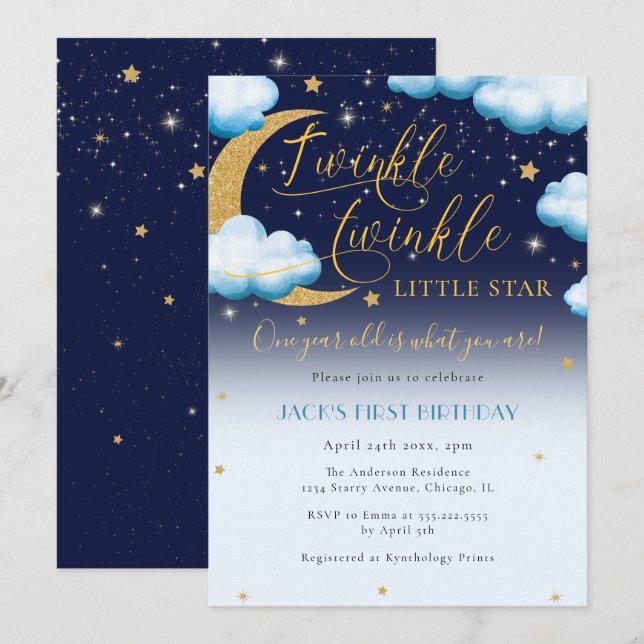 Twinkle Little Star Blue Boy First Birthday Inbjudningar (Fram/baksida)