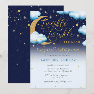 Twinkle Little Star Blue Boy First Birthday Inbjudningar
