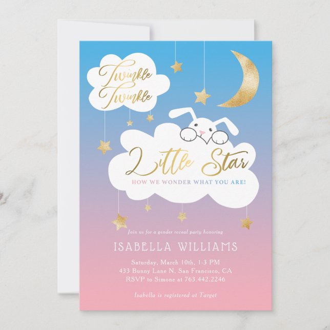 Twinkle Little Star Bunny Gender Reveal Party Inbjudningar (Framsida)
