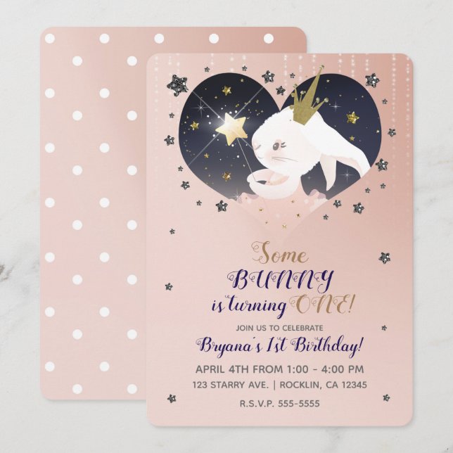 Twinkle Little Star Bunny Rabbit Peach Birthday Inbjudningar (Fram/baksida)