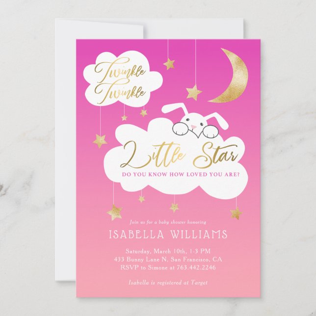 Twinkle Little Star Bunny Rosa Baby Shower Inbjudningar (Framsida)