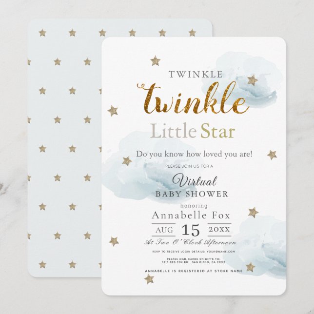 Twinkle Little Star Cloud Blue Virtuell Baby Showe Inbjudningar (Fram/baksida)