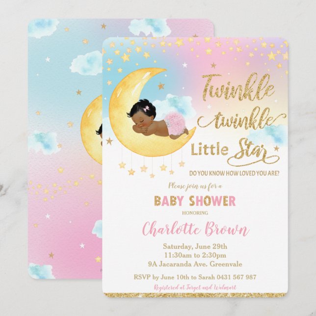 Twinkle Little Star Cute Little Girl Shower Inbjudningar (Fram/baksida)