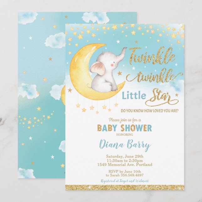 Twinkle Little Star Elephant Baby Shower Boy Inbjudningar (Fram/baksida)