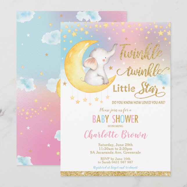 Twinkle Little Star Elephant Baby Shower Girl Boy Inbjudningar (Fram/baksida)